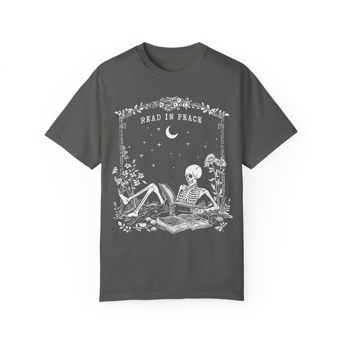 Reading Shirt Comfort Colors, Read in Peace, Skeleton Book Shirt Pepper