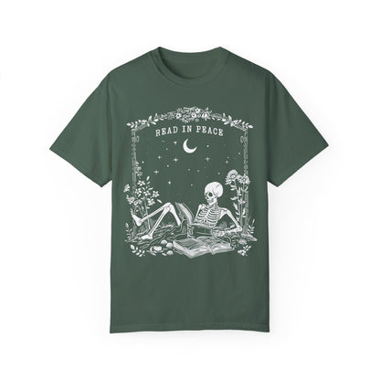 Reading Shirt Comfort Colors, Read in Peace, Skeleton Book Shirt Blue Spruce