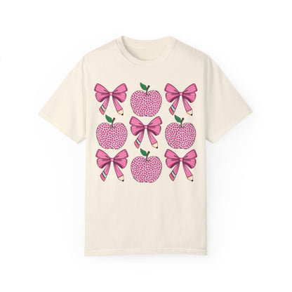 Teacher School Coquette Pink Apple Pencil Bow Shirt Ivory