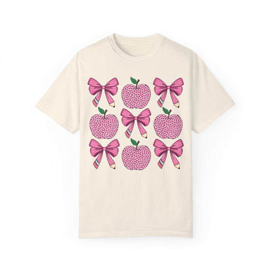 Teacher School Coquette Pink Apple Pencil Bow Shirt Ivory