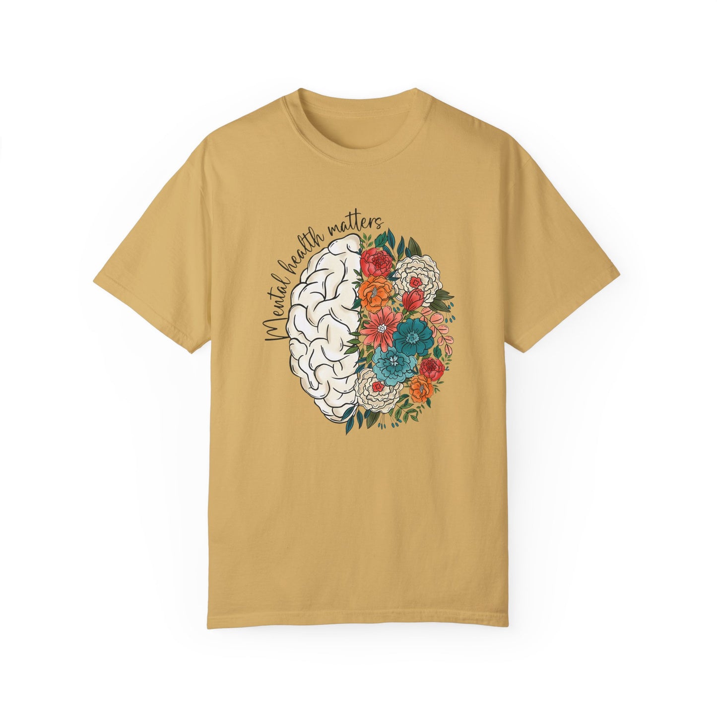 Mental health matters t-shirt - Floral brain shirt Mustard