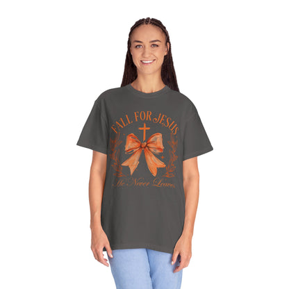 Coquette Bow Fall For Jesus He Never Leaves Shirt