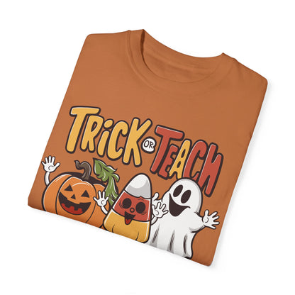 Retro Teacher Comfort Colors Halloween Shirt Trick or Teach Yam