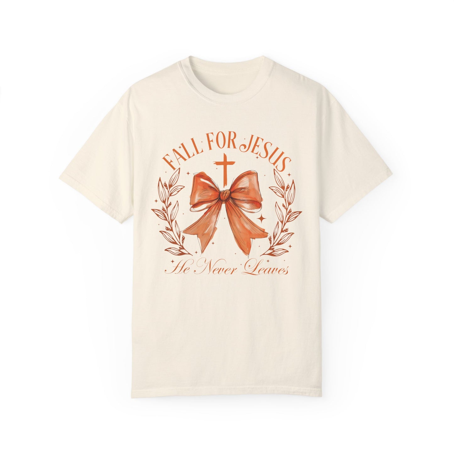 Coquette Bow Fall For Jesus He Never Leaves Shirt Ivory