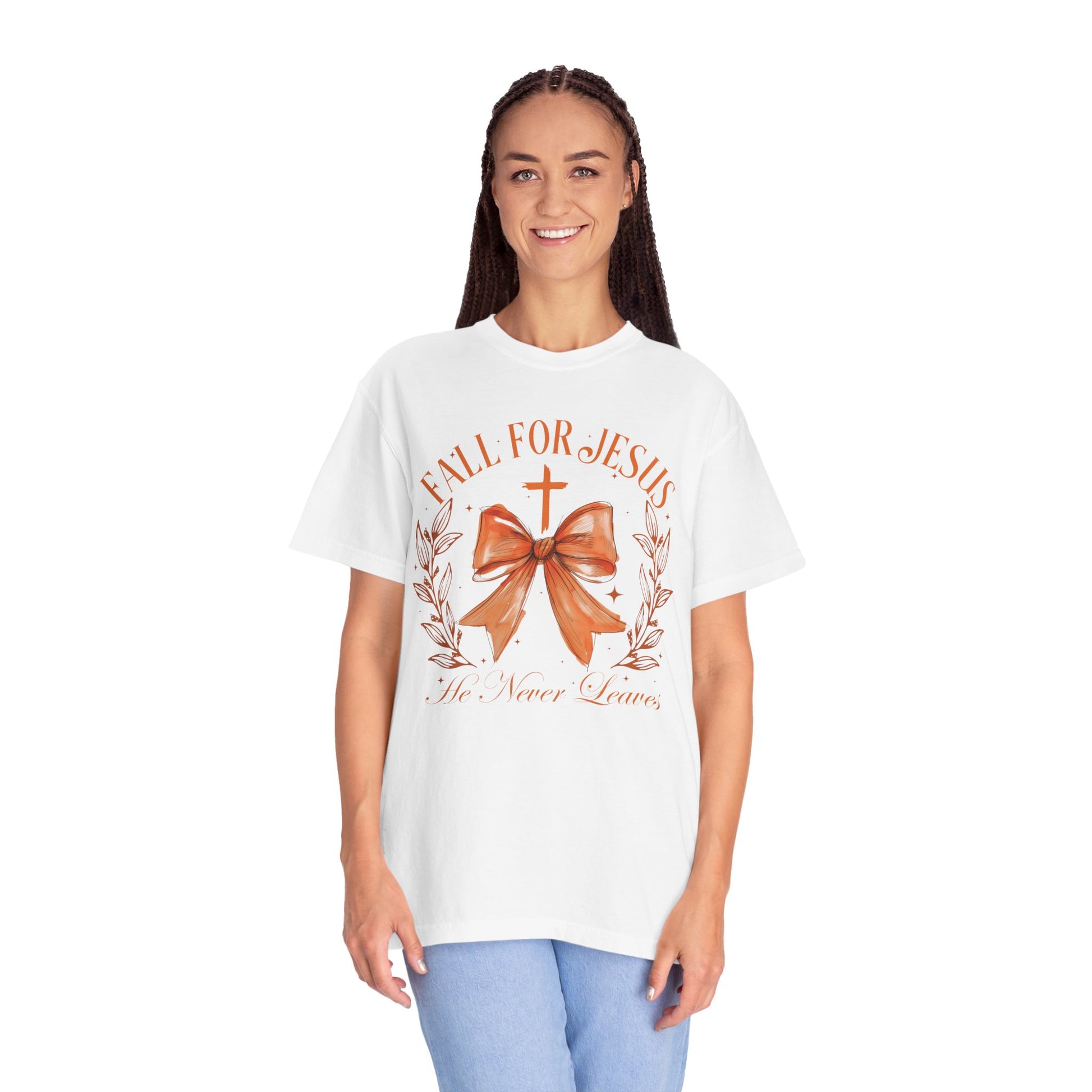 Coquette Bow Fall For Jesus He Never Leaves Shirt