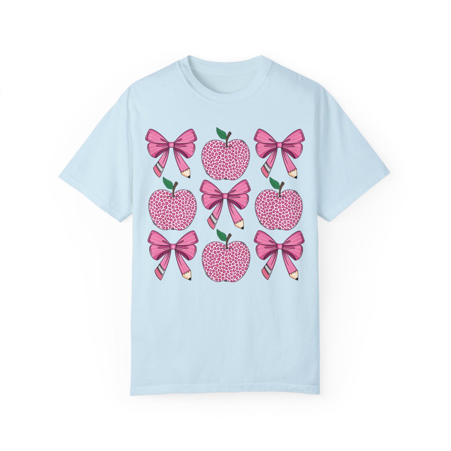 Teacher School Coquette Pink Apple Pencil Bow Shirt Chambray