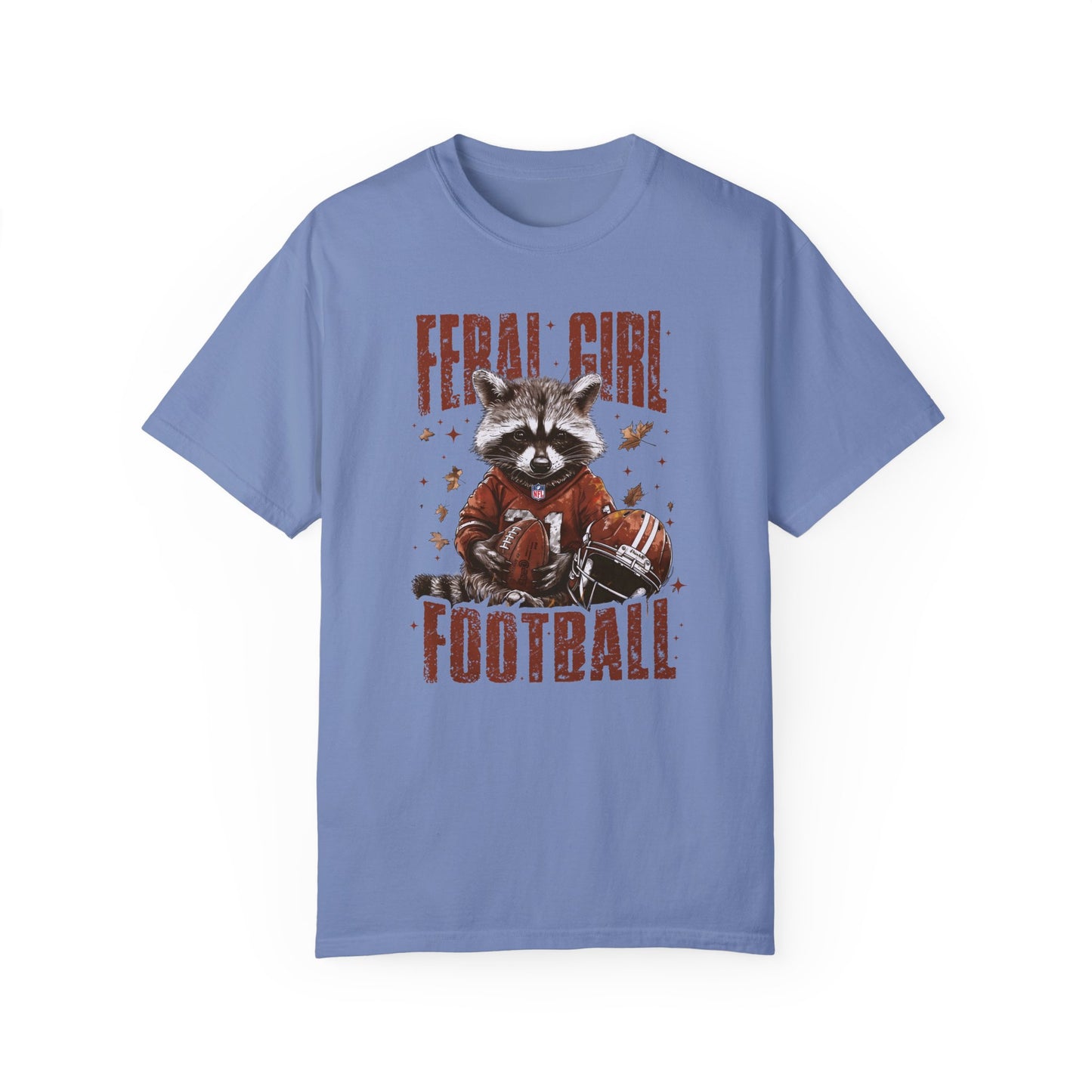 Feral Girl Football Shirt,Funny Raccoon Sports T-Shirt, Retro Fall Football Shirt Washed Denim