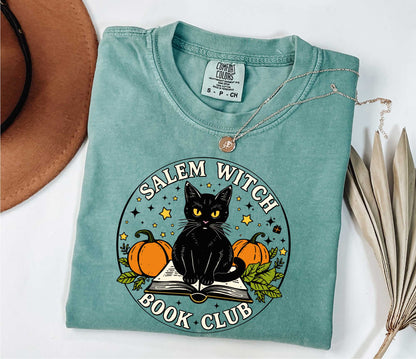 Comfort Colors Salem Witch Book Club, Black cat t-shirt