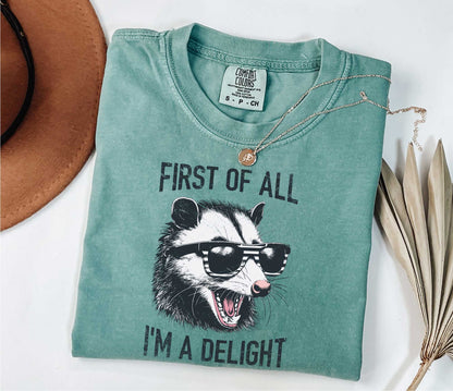 Retro First Of All I'm A Delight Sarcastic Angry Opossum Lover Shirt, Comfort Funny Animal Lover TShirt