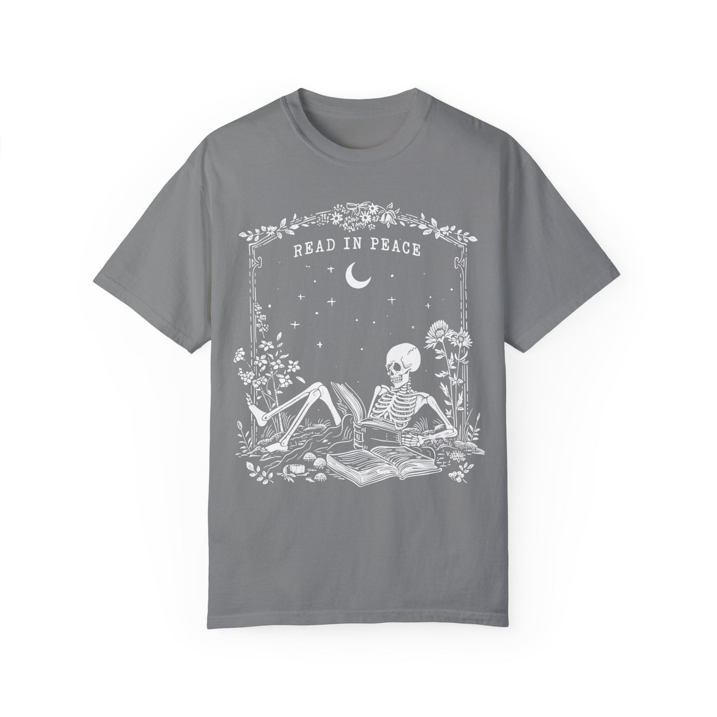 Read in Peace t-shirt, Skeleton Book Shirt Grey