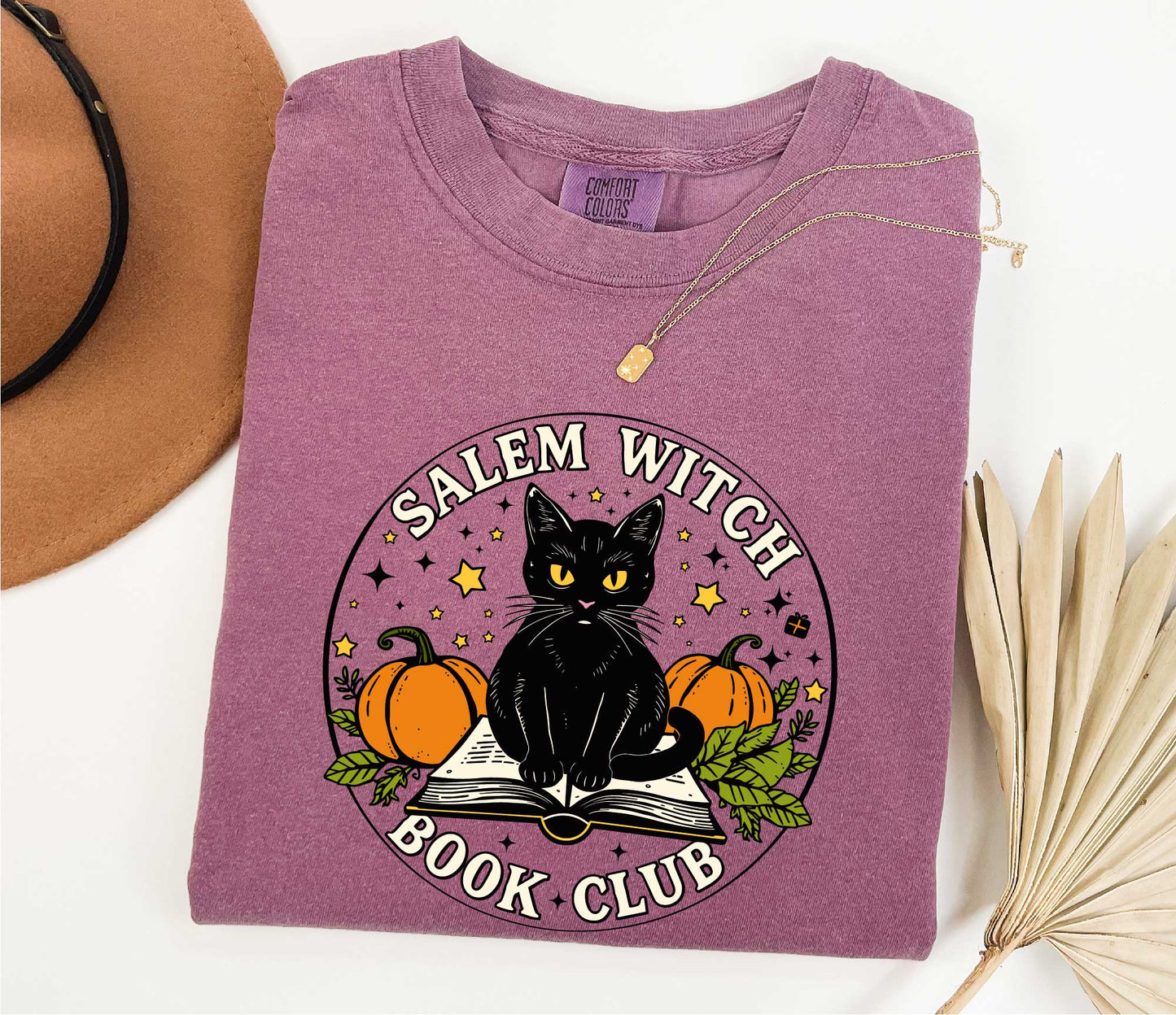 Comfort Colors Salem Witch Book Club, Black cat t-shirt