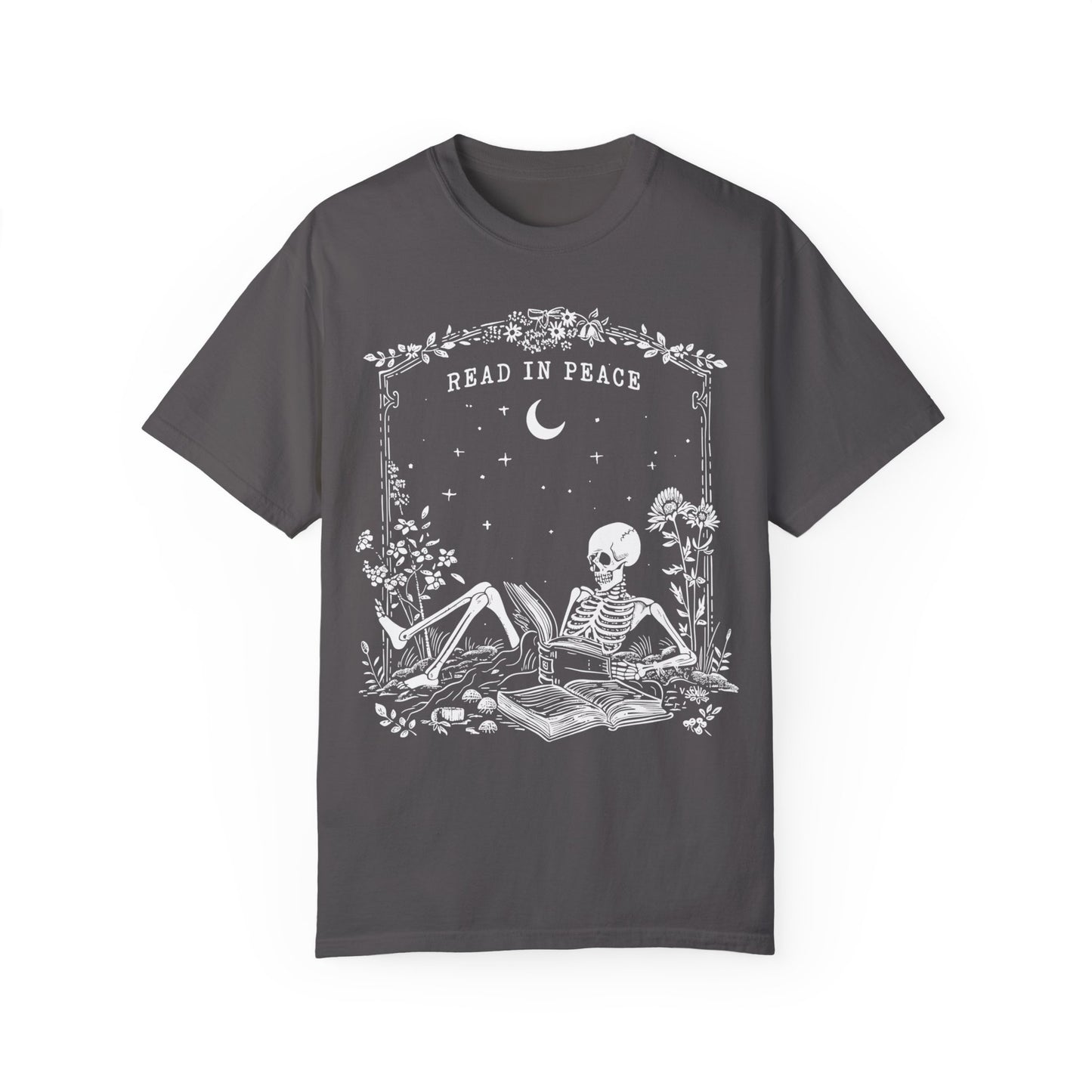 Reading Shirt Comfort Colors, Read in Peace, Skeleton Book Shirt Graphite