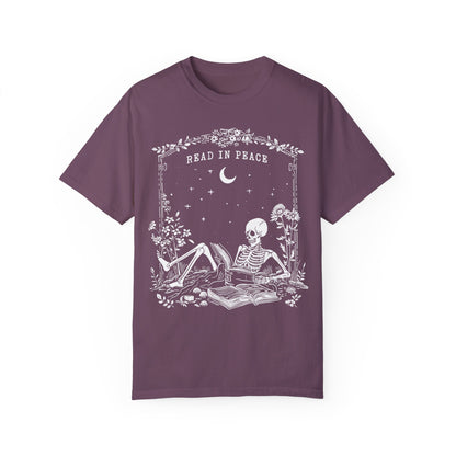 Reading Shirt Comfort Colors, Read in Peace, Skeleton Book Shirt Berry