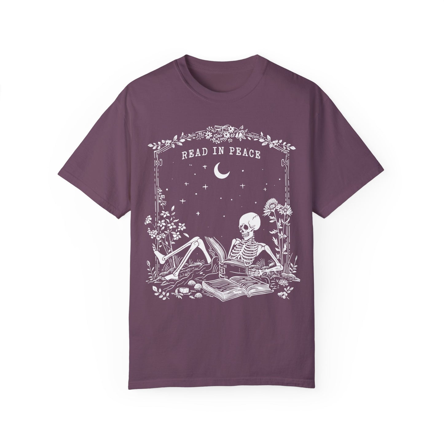 Read in Peace t-shirt, Skeleton Book Shirt Berry