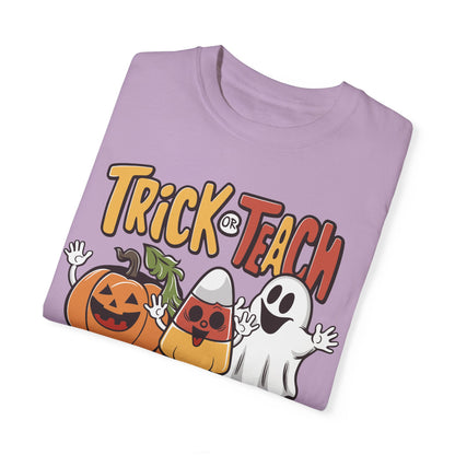 Retro Teacher Comfort Colors Halloween Shirt Trick or Teach Orchid