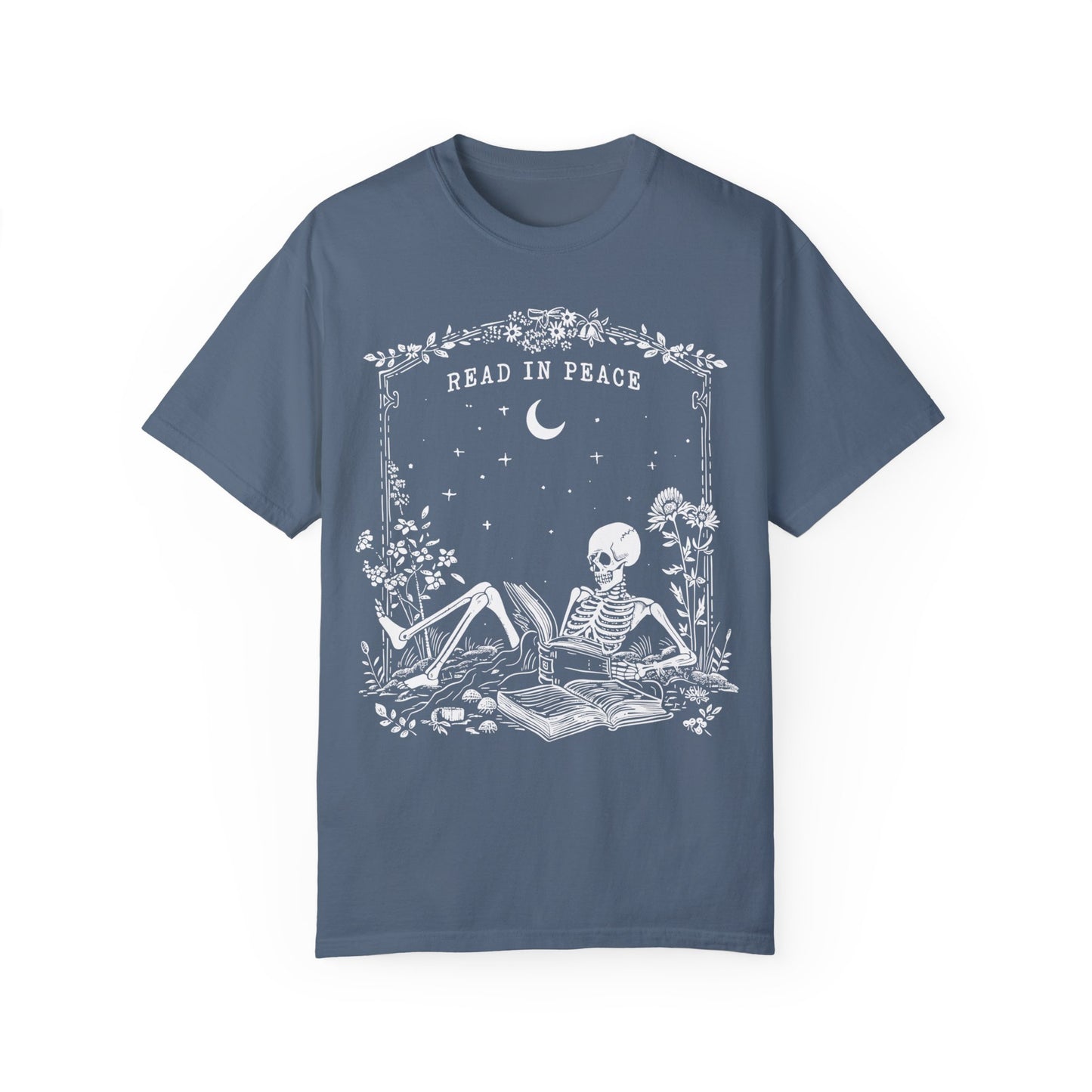 Reading Shirt Comfort Colors, Read in Peace, Skeleton Book Shirt Blue Jean