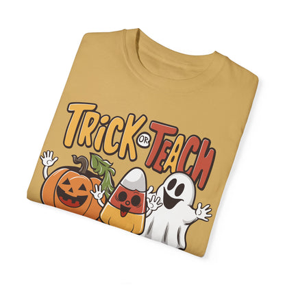 Retro Teacher Comfort Colors Halloween Shirt Trick or Teach Mustard