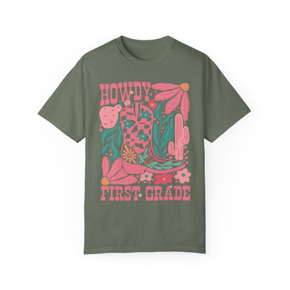 Howdy First Grade Teacher Shirt | Fun Apparel for Educators Moss