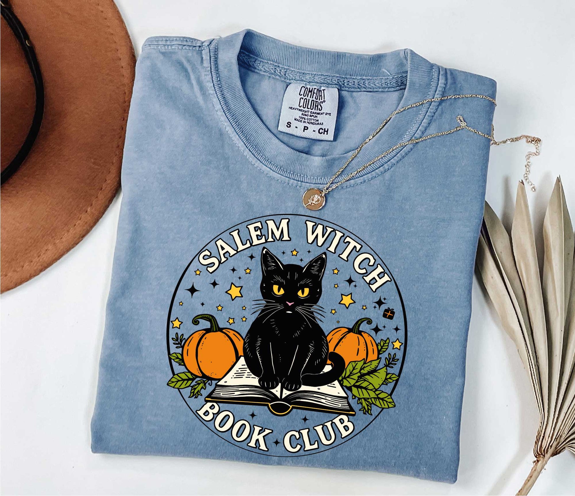 Comfort Colors Salem Witch Book Club, Black cat t-shirt