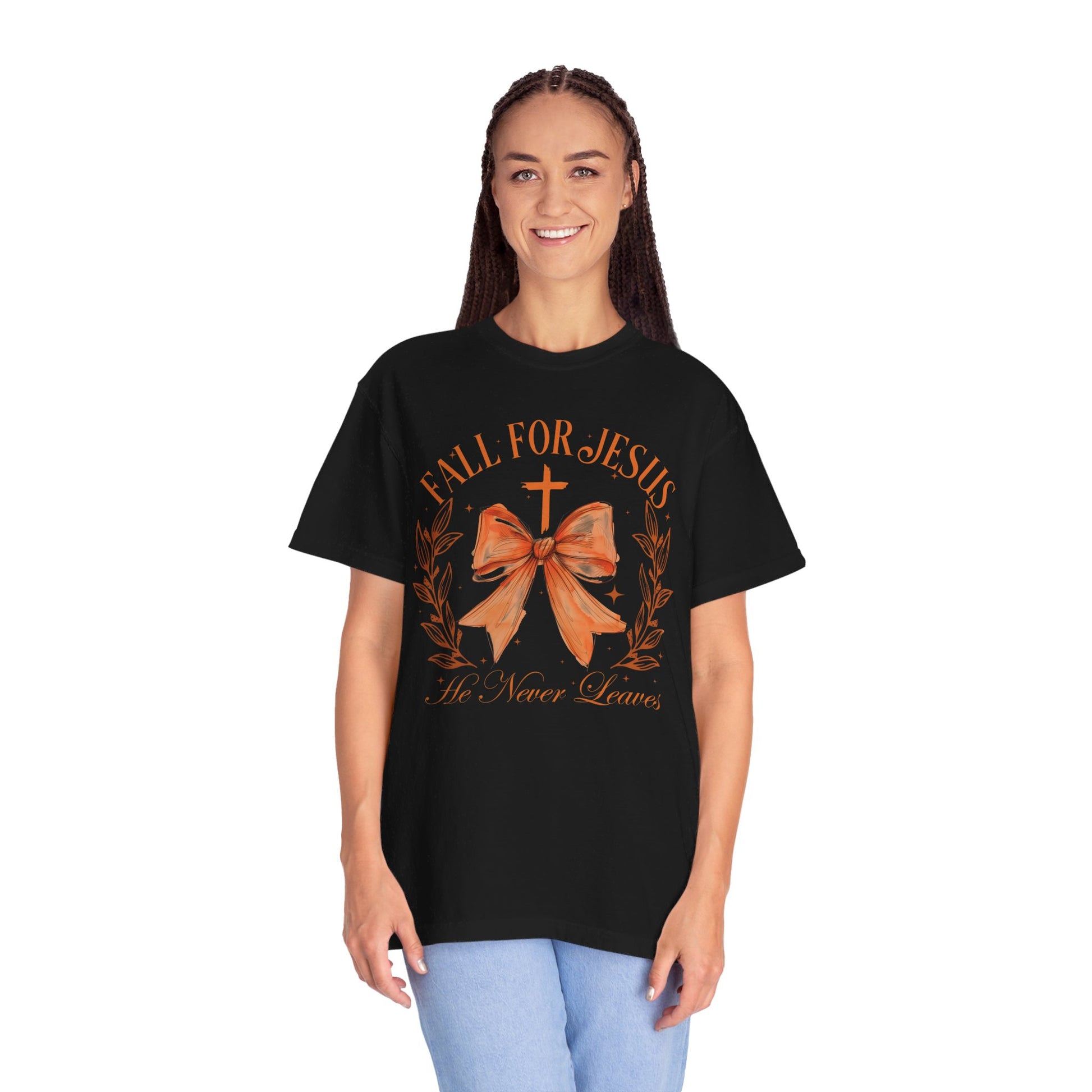 Coquette Bow Fall For Jesus He Never Leaves Shirt