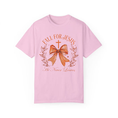 Coquette Bow Fall For Jesus He Never Leaves Shirt Blossom