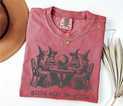 Comfort Colors Girls Will Be Girls Witch Shirt, Funny Halloween Shirt