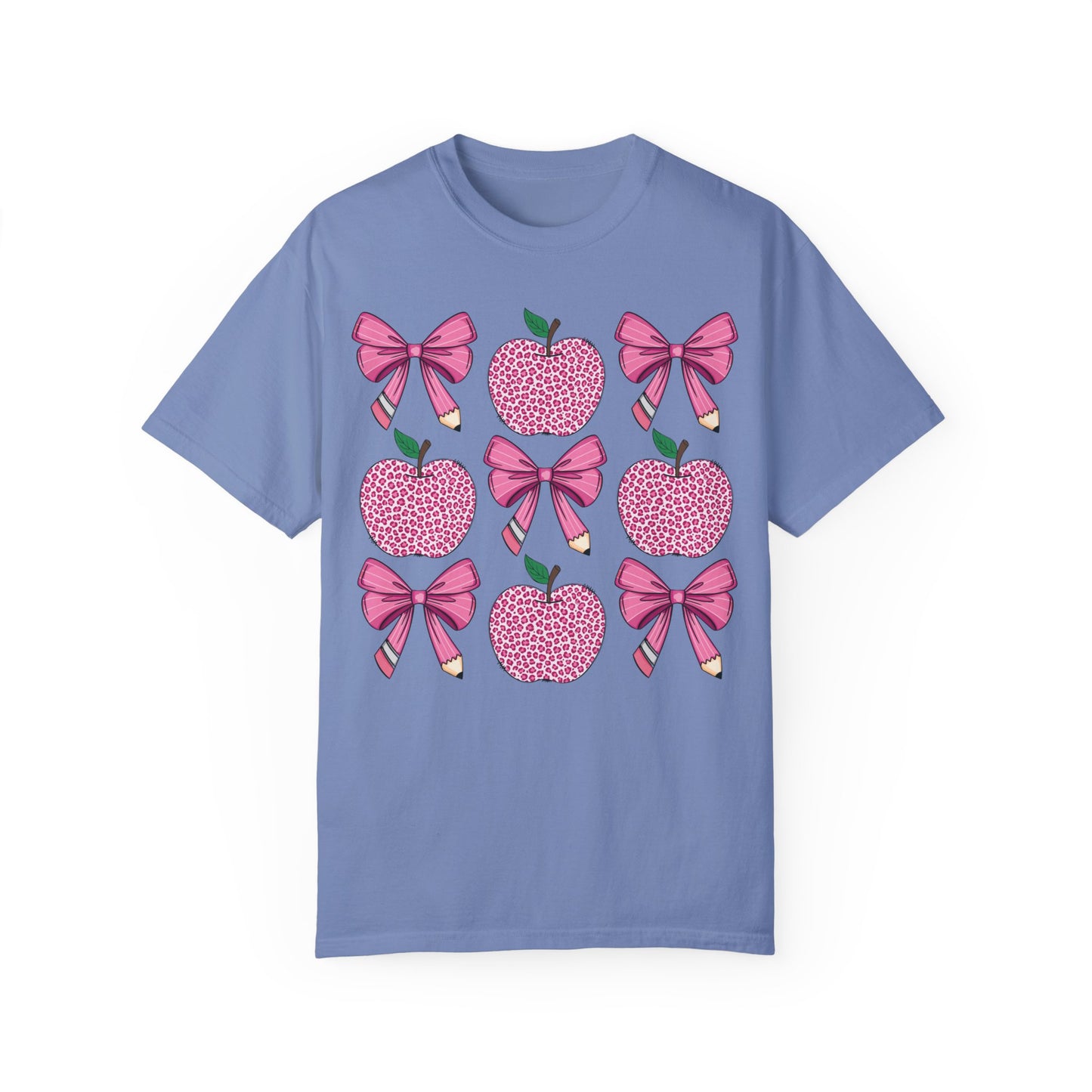 Teacher School Coquette Pink Apple Pencil Bow Shirt Washed Denim