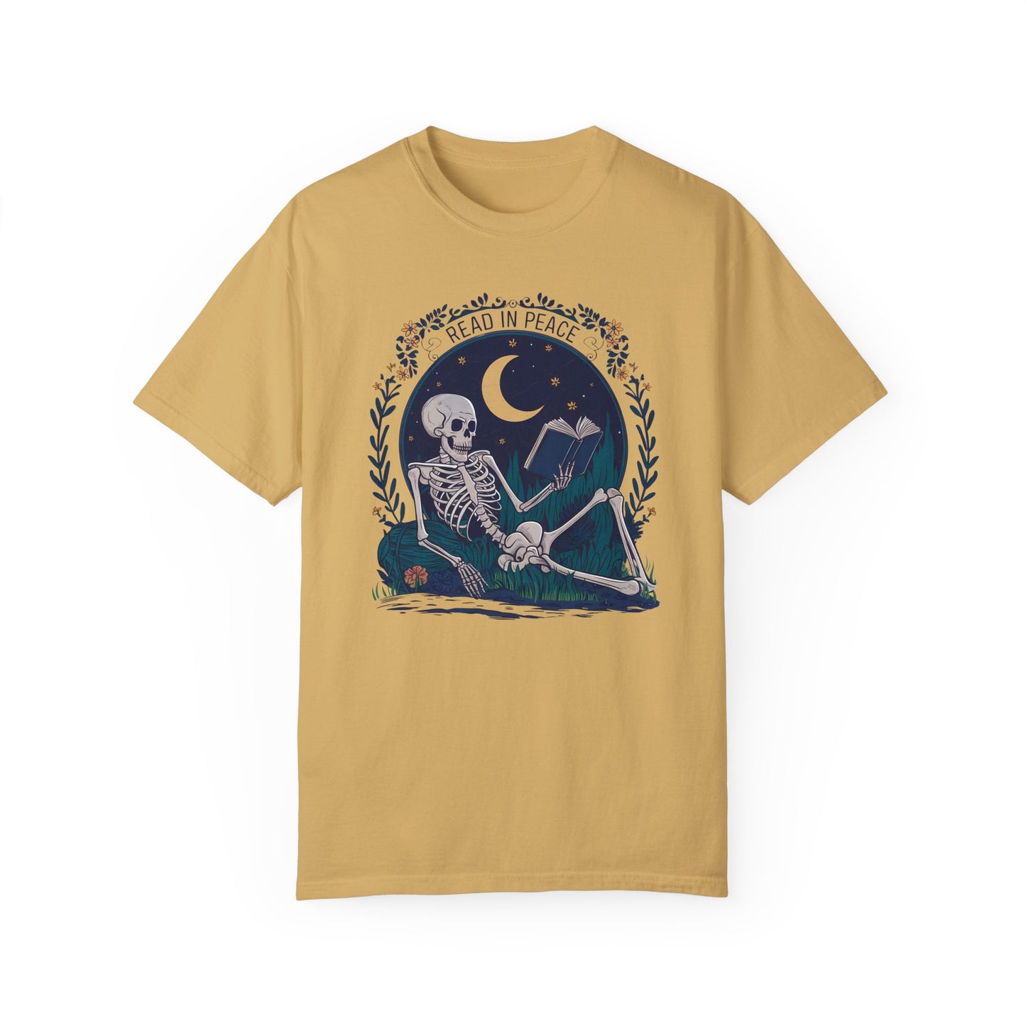 Reading Shirt Comfort Colors, Read in Peace, Skeleton Book Shirt Mustard