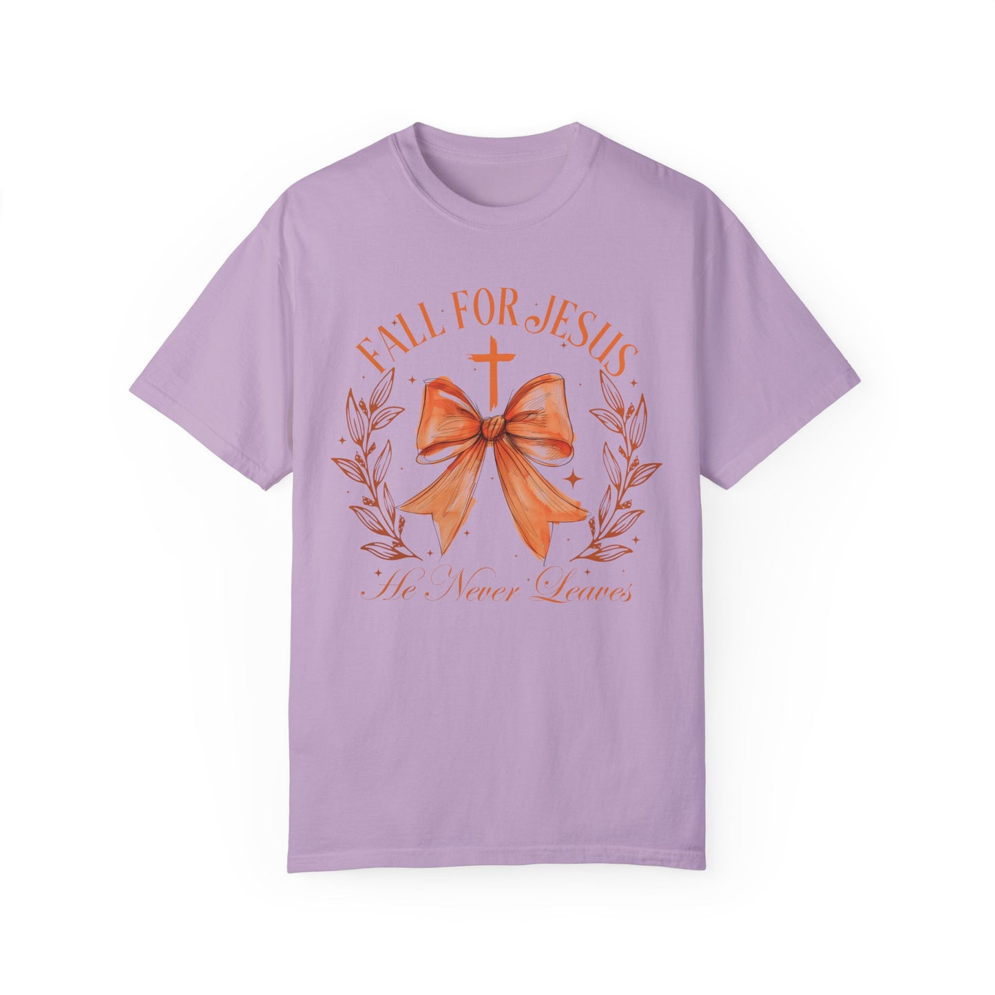 Coquette Bow Fall For Jesus He Never Leaves Shirt Orchid