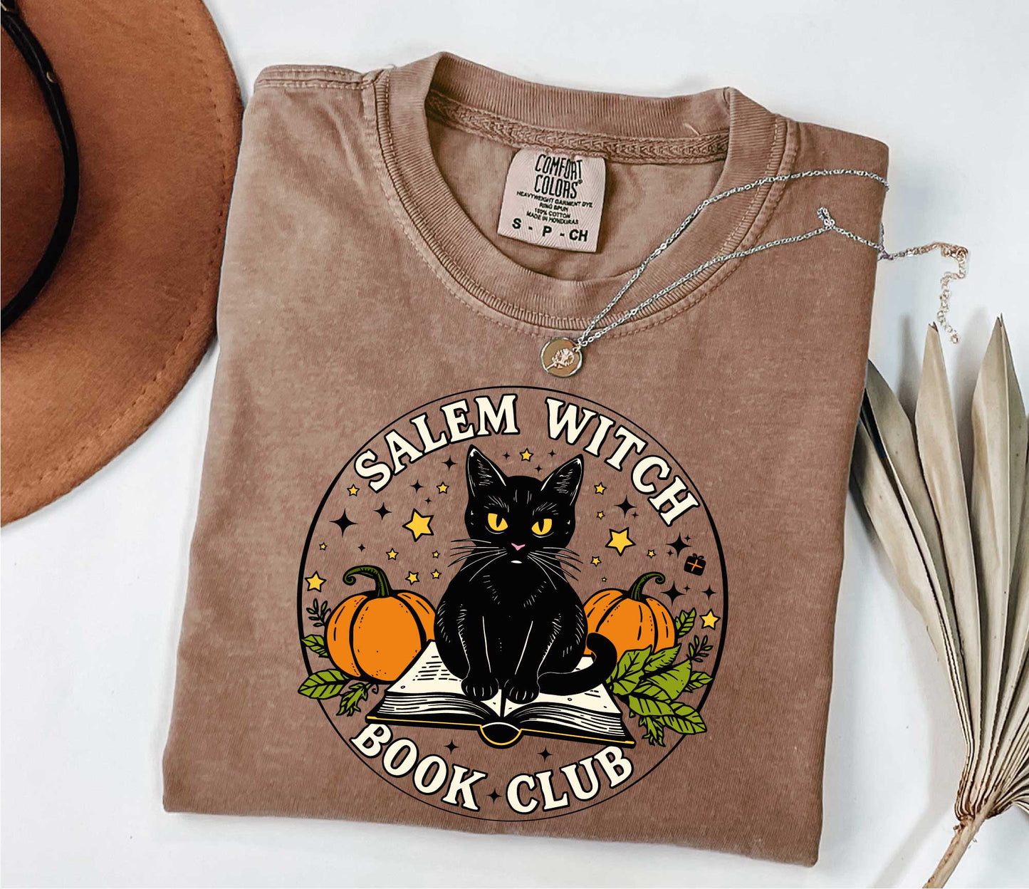 Comfort Colors Salem Witch Book Club, Black cat t-shirt