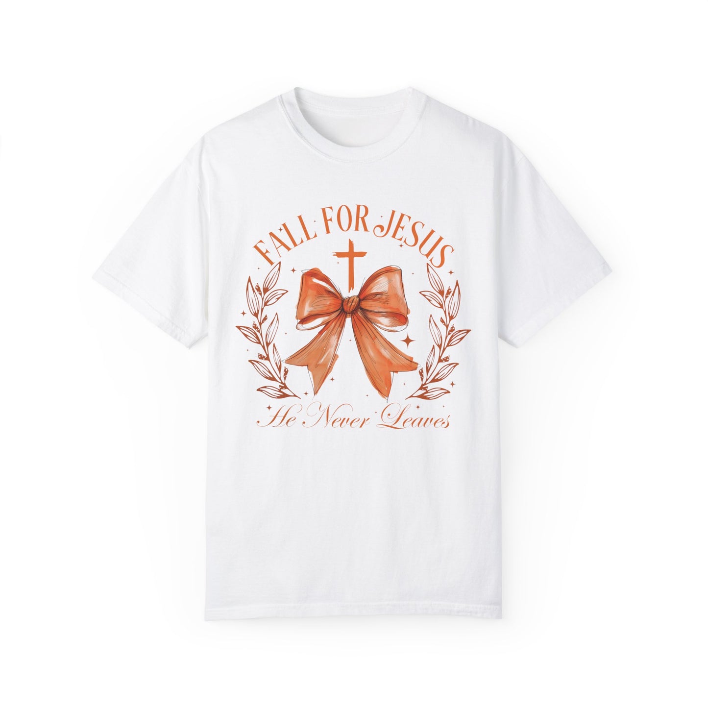 Coquette Bow Fall For Jesus He Never Leaves Shirt White