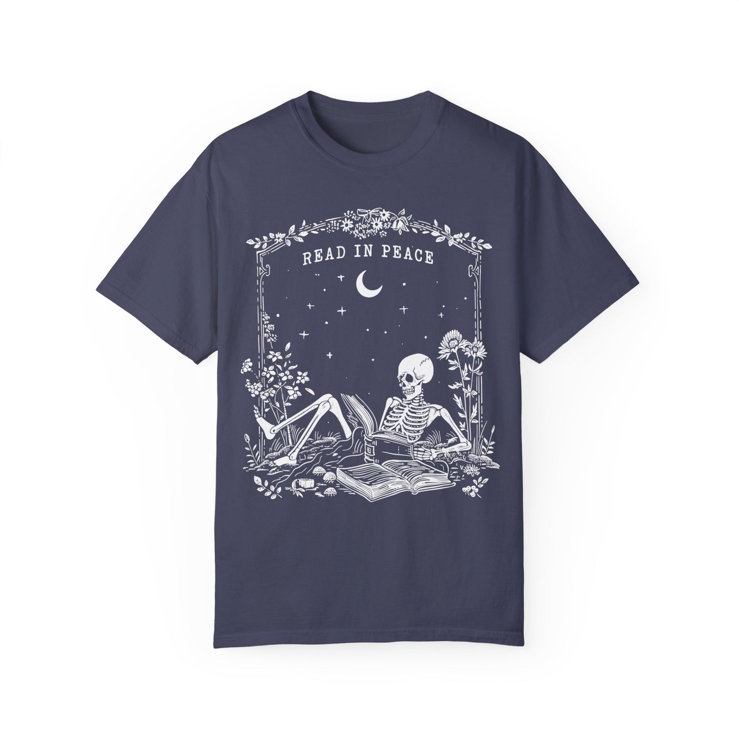 Reading Shirt Comfort Colors, Read in Peace, Skeleton Book Shirt Denim