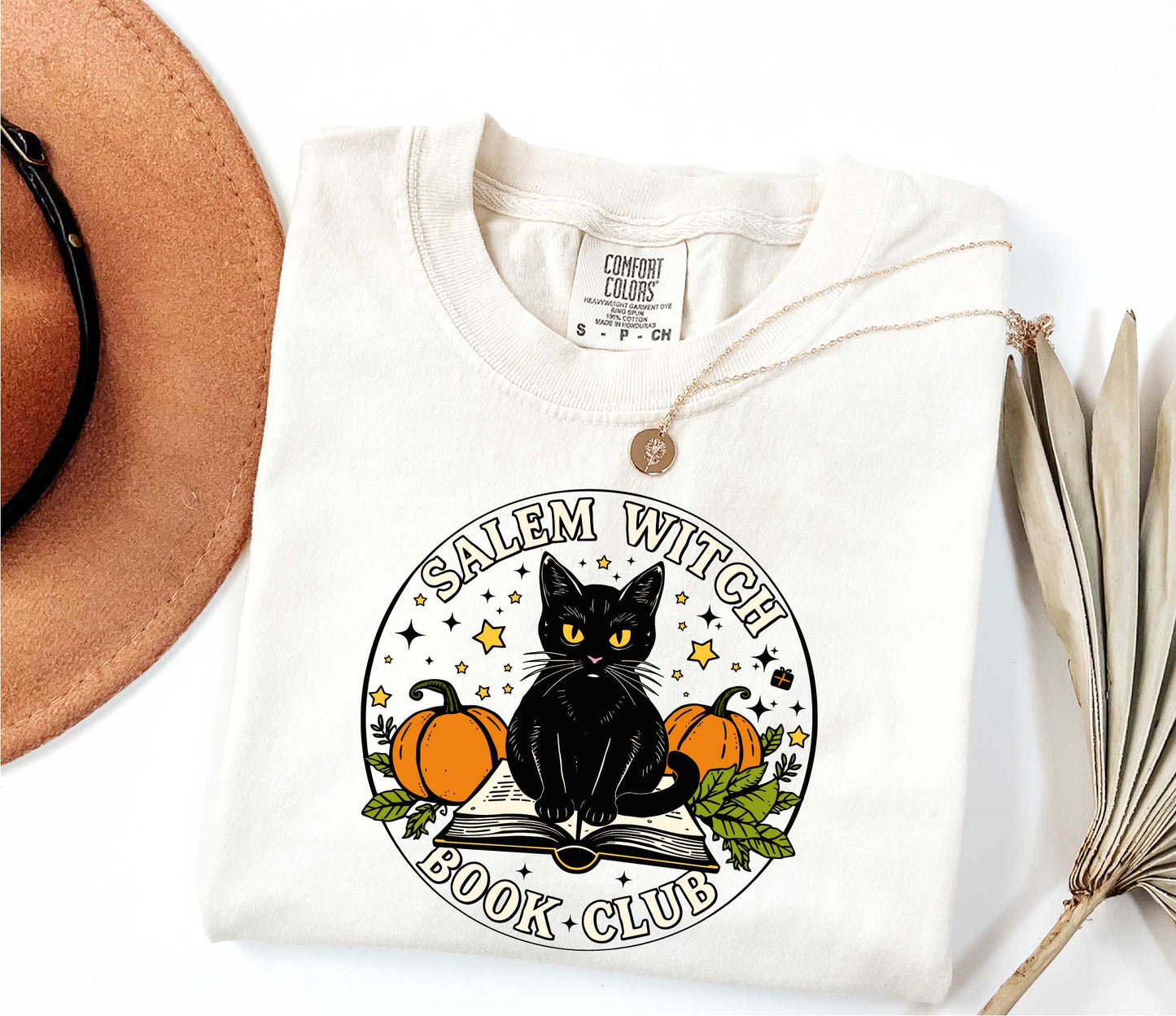 Comfort Colors Salem Witch Book Club, Black cat t-shirt