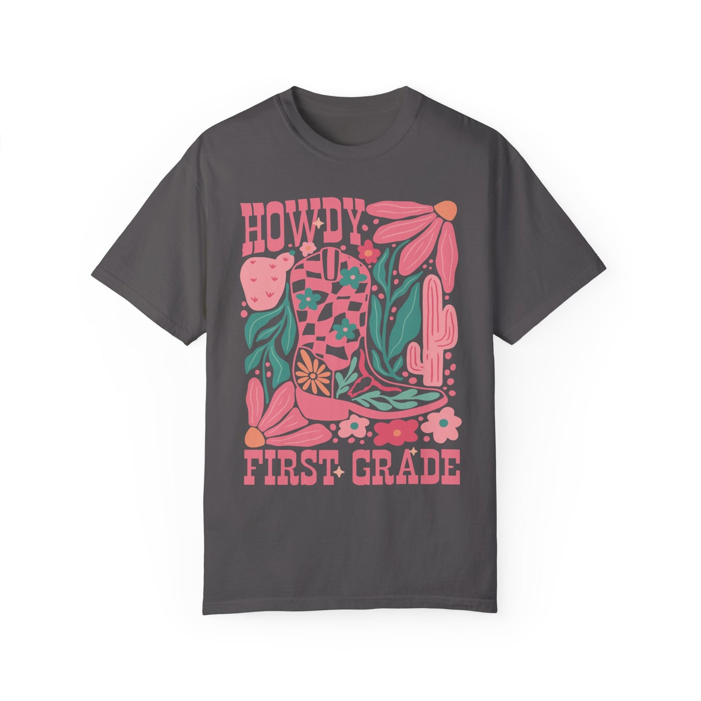 Howdy First Grade Teacher Shirt | Fun Apparel for Educators Graphite