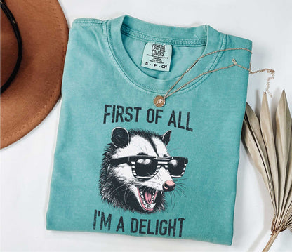 Retro First Of All I'm A Delight Sarcastic Angry Opossum Lover Shirt, Comfort Funny Animal Lover TShirt