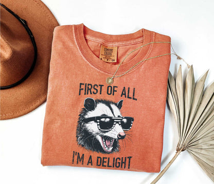 Retro First Of All I'm A Delight Sarcastic Angry Opossum Lover Shirt, Comfort Funny Animal Lover TShirt