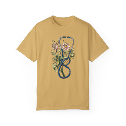 Floral Registered Nurse Shirt - Stylish Healthcare Apparel Mustard