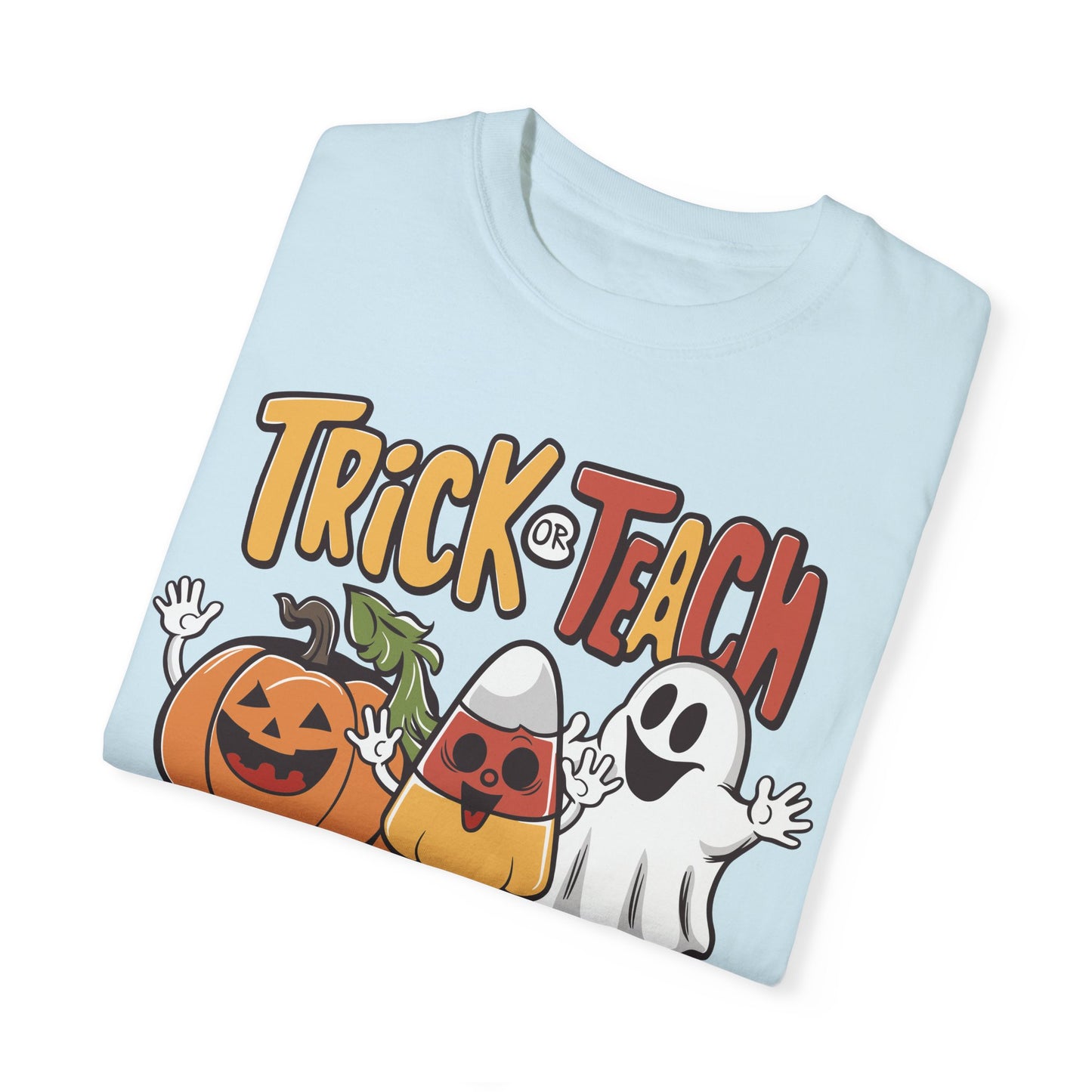 Retro Teacher Comfort Colors Halloween Shirt Trick or Teach Chambray