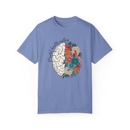 Mental health matters t-shirt - Floral brain shirt Washed Denim