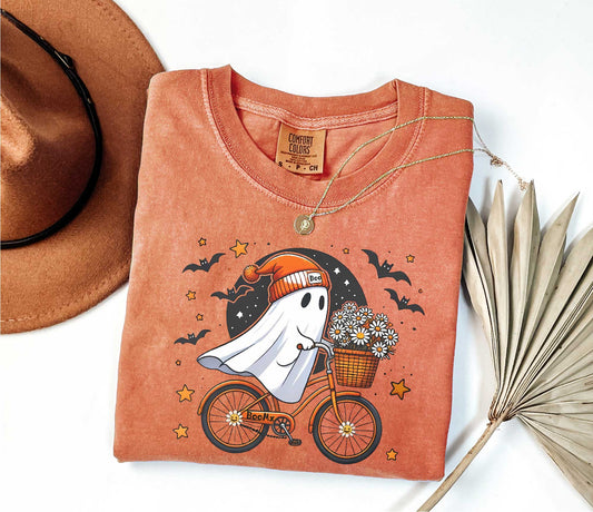 Cute Ghost Riding a Bike Shirt, Comfort Colors Halloween Lovers Shirt