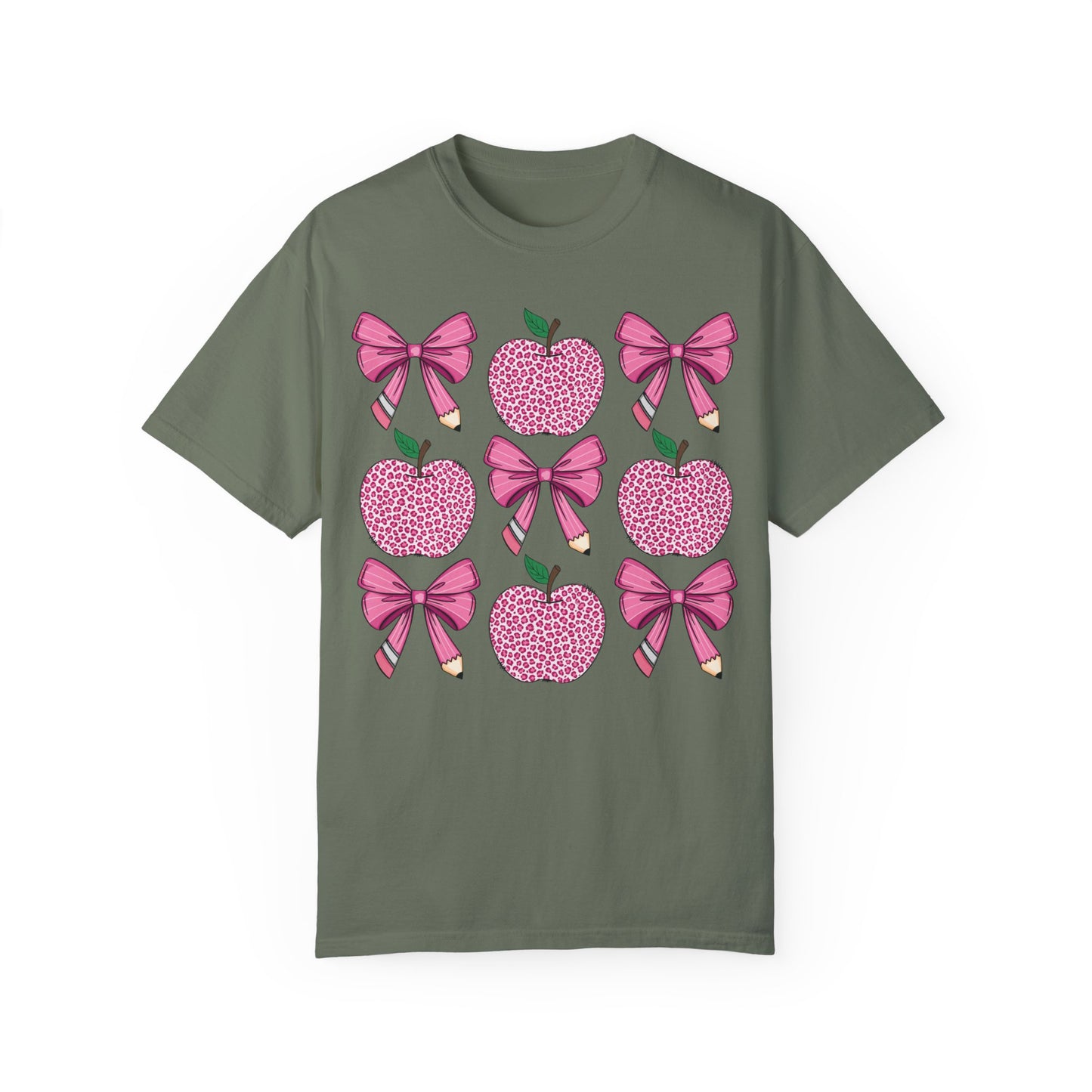 Teacher School Coquette Pink Apple Pencil Bow Shirt Moss