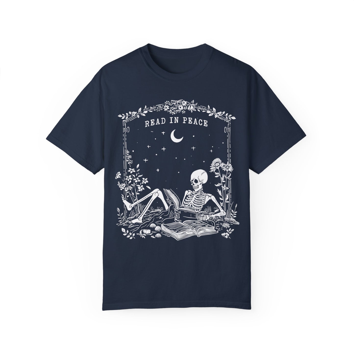 Reading Shirt Comfort Colors, Read in Peace, Skeleton Book Shirt Navy