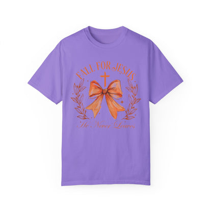 Coquette Bow Fall For Jesus He Never Leaves Shirt Violet