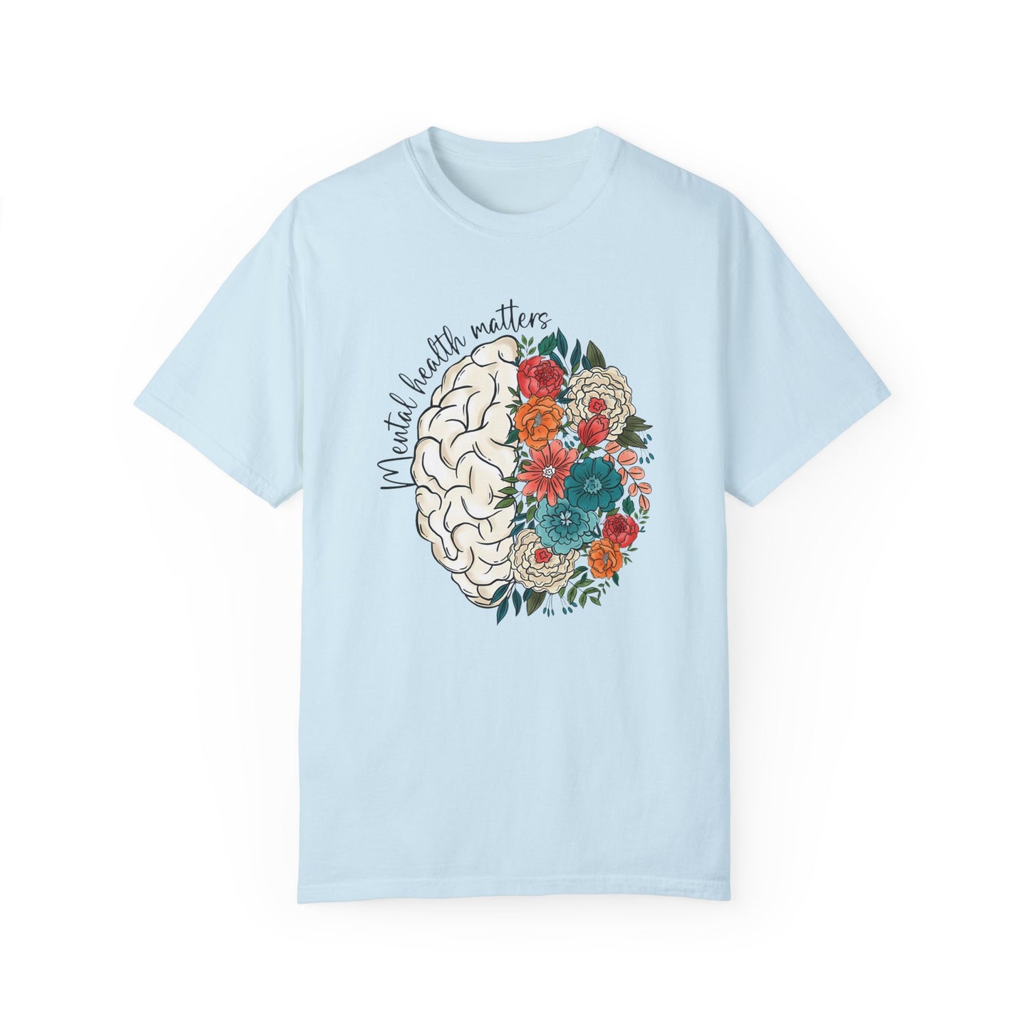 Mental health matters t-shirt - Floral brain shirt Chambray