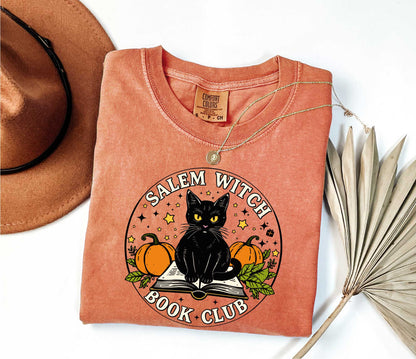 Comfort Colors Salem Witch Book Club, Black cat t-shirt