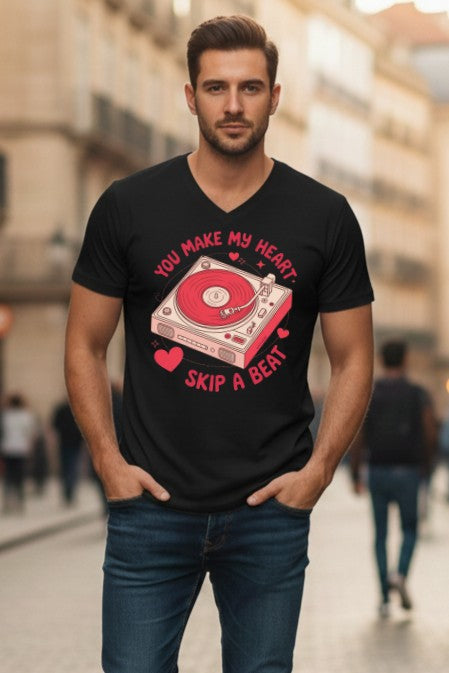Retro Valentine You Make My Heart Skip a Beat - Unisex V-Neck Tee