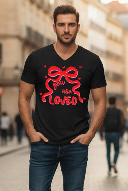 You Are Loved Christian Valentine Bow - Unisex V-Neck Tee