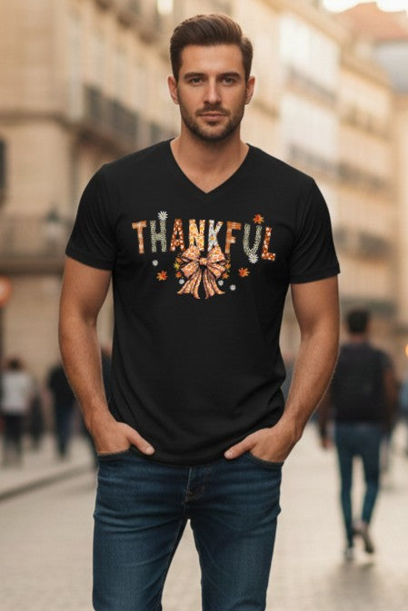 Thankful Thanksgiving Coquette Bow Daisy - Unisex V-Neck Tee
