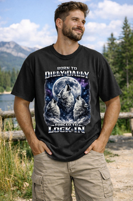 Born to Dilly Dally Forced to Lock In Shirt | Retro Wolf Graphic Tee | Funny Ironic Meme Gift - Unisex Comfort Colors T-shirt