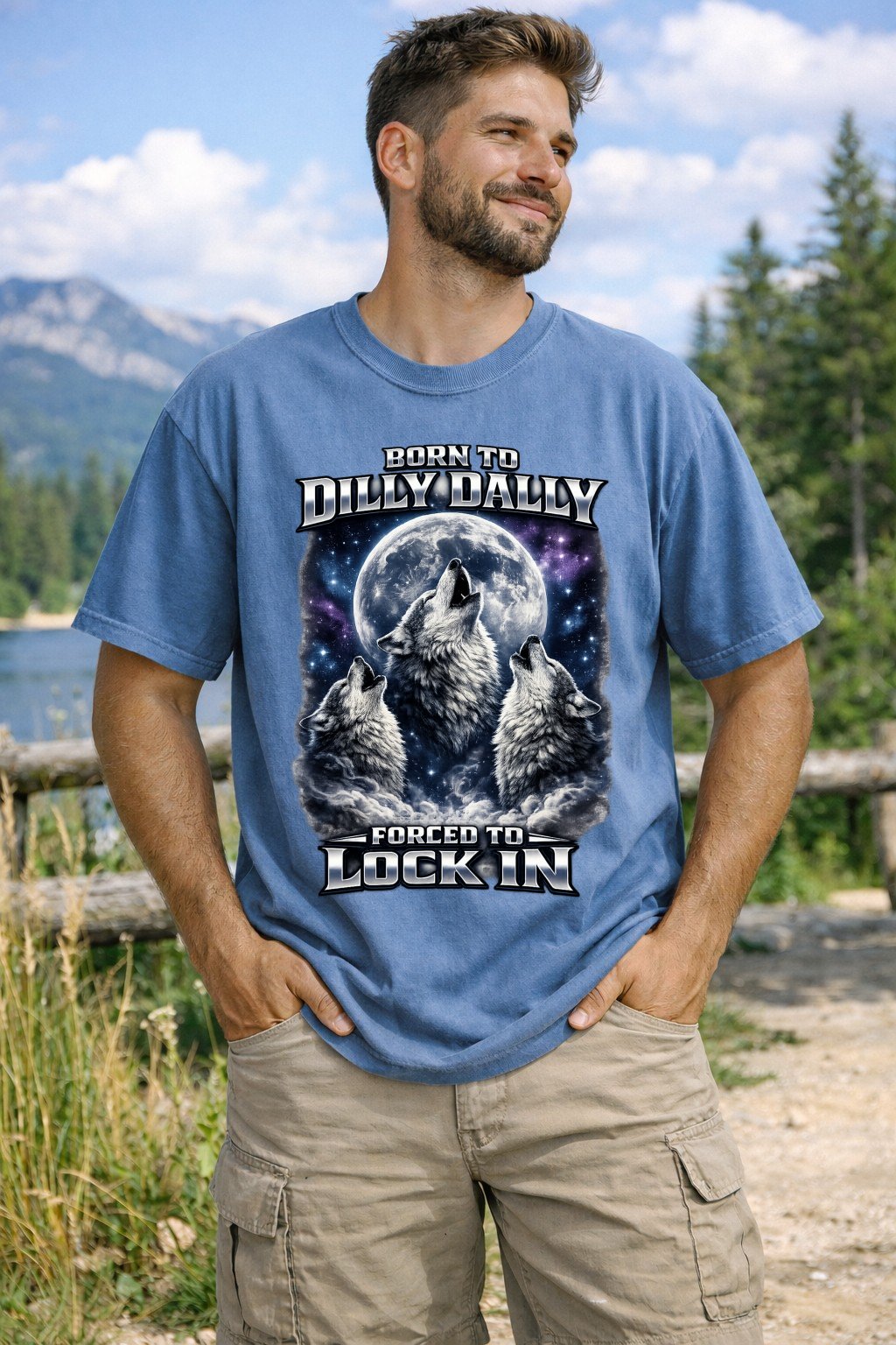 Born to Dilly Dally Forced to Lock In Shirt | Retro Wolf Graphic Tee | Funny Ironic Meme Gift - Unisex Comfort Colors T-shirt